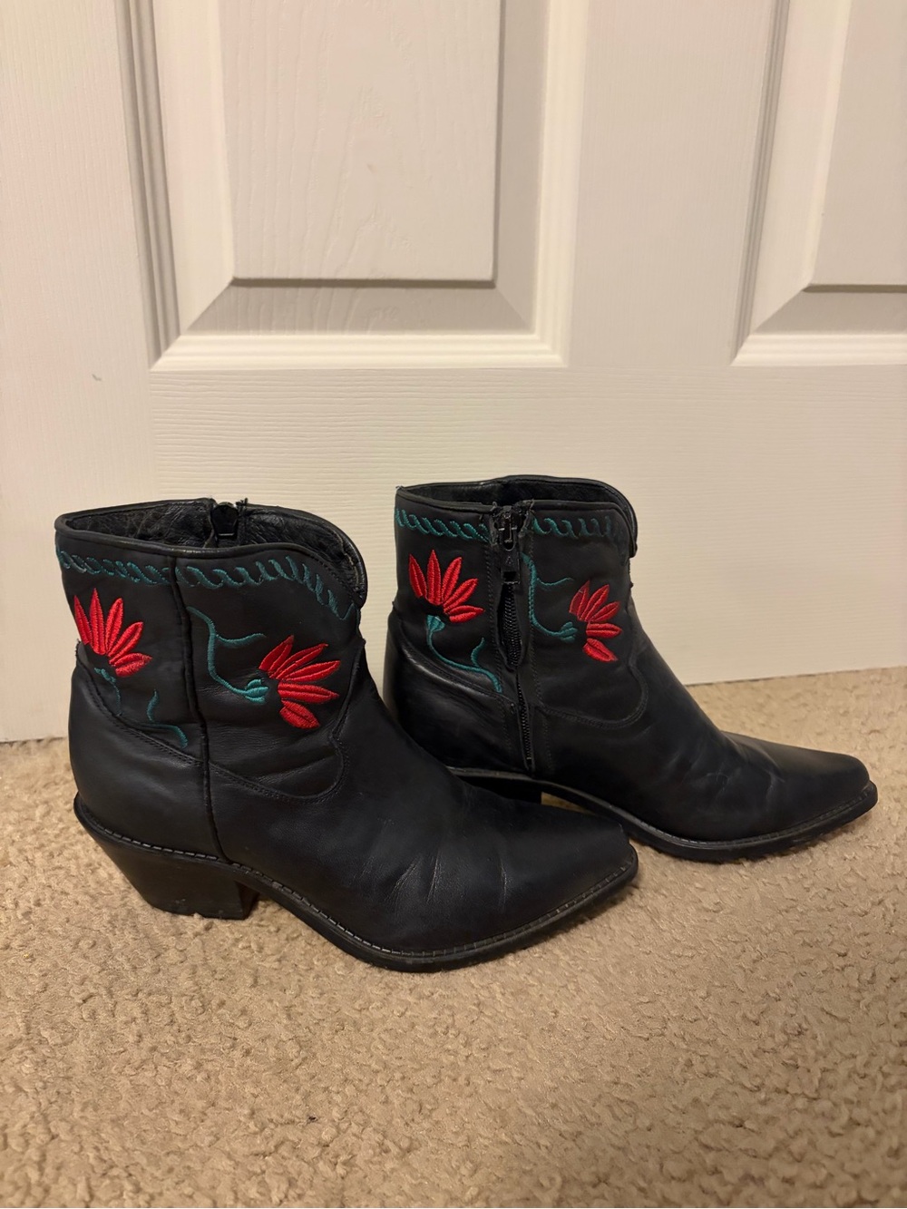 Vintage 1980 code west Women's Ankle Cowboy Boots with Red Floral Embroidery